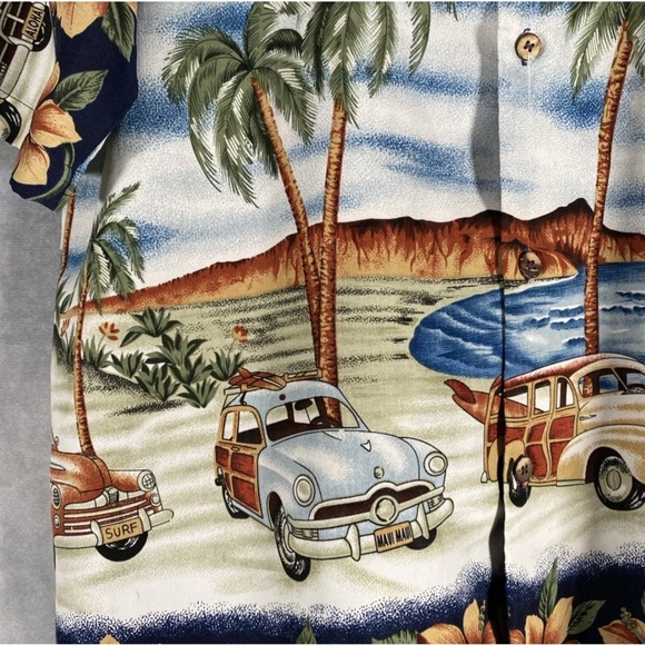 Hawaiian Camp Shirt Sz L Button Down Surf Woody Beach Vintage Car Print Floral - Picture 2 of 8